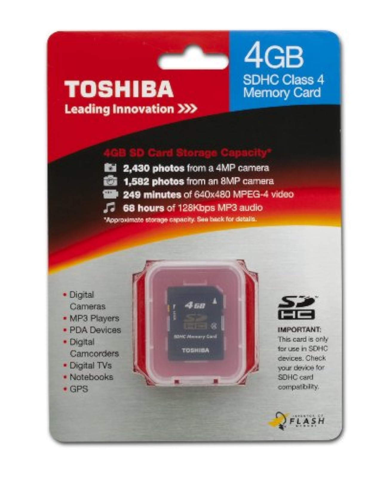 Image 2 of Toshiba 4GB SDHC Class 4 Secure Digital Memory Card SD-K04G2B8TRT