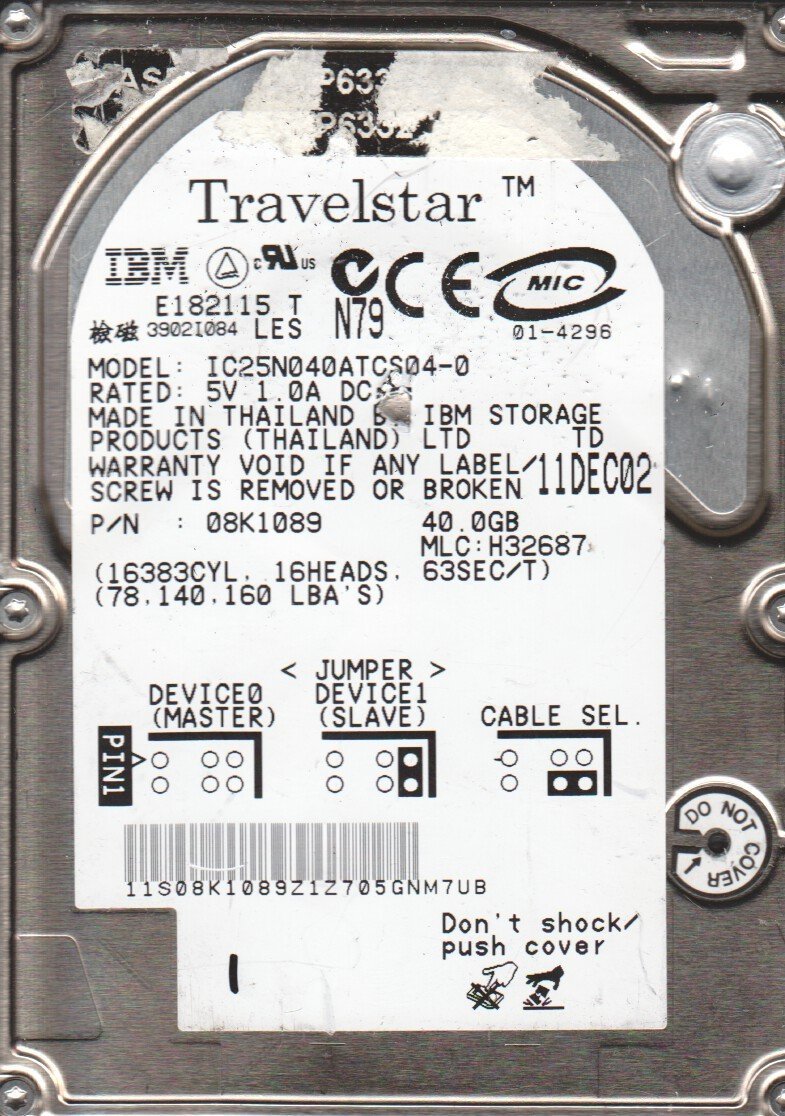 Image 0 of IBM Travelstar IC25N040ATCS04-0 Pn 08K1089 MLC H32687 IBM 40GB IDE 2.5 Hard Driv
